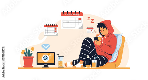 Lazy Morning: Young Man Using Smartphone At Home With Refreshment And Planning