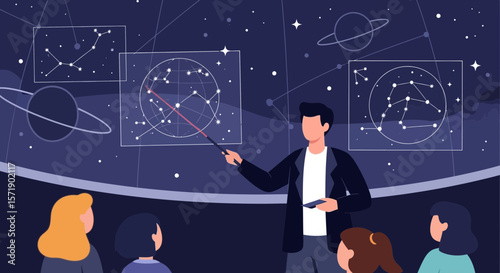 Lecturer Explaining Constellations to Students at a Planetarium Educational Concept