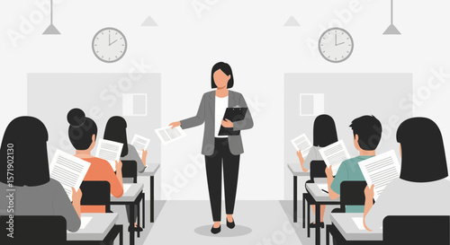 Lecturer Distributing Exams In A Classroom With A Minimalist Flat Design Style