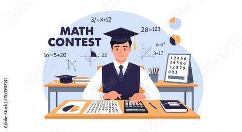 Young Man Solving Math Problems In Classroom For Mathematical Contest