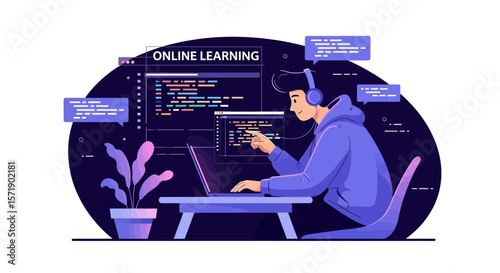 Young Man Studying Online With Laptop And Programming Code Background