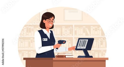 Librarian Scanning Books at the Checkout Counter in Public Library