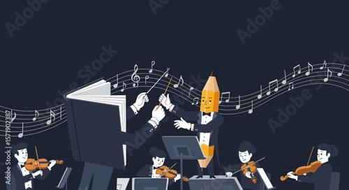 Literary Symphony Book And Pencil Conducting An Orchestra Performance