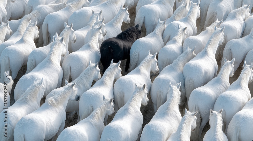 Obraz premium Herd of white horses with one black horse contrasting amid them in a tranquil setting