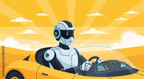 Robot Driver In A Yellow Car At Sunset Futuristic Autonomous Transport