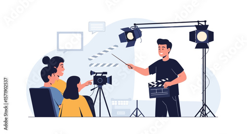 Young People Study Film Production on a Movie Set with Professional Lighting