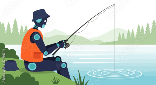 Robot Enjoying Summer Vacation By A Serene Lake Catching Fish With Fishing Rod