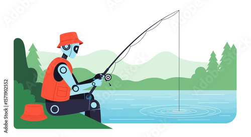 Robot Fishing At The Lake Relaxing In Nature Scenery On Summer Vacation Trip