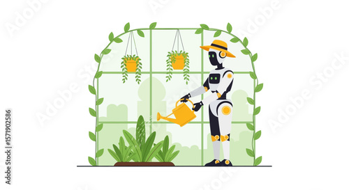 Robot Gardener Watering Plants In Greenhouse A Vision Of Future Gardening