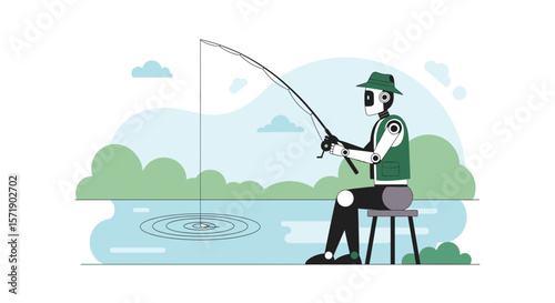 Robot Relaxing And Fishing At The Lake On A Beautiful Day Concept