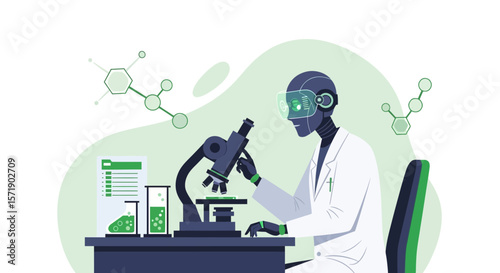 Robot Scientist Working With Microscope Conducting Research In The Laboratory