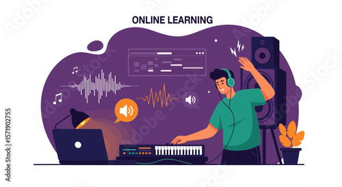 Online Music Production Course With Young Musician And Sound Waves