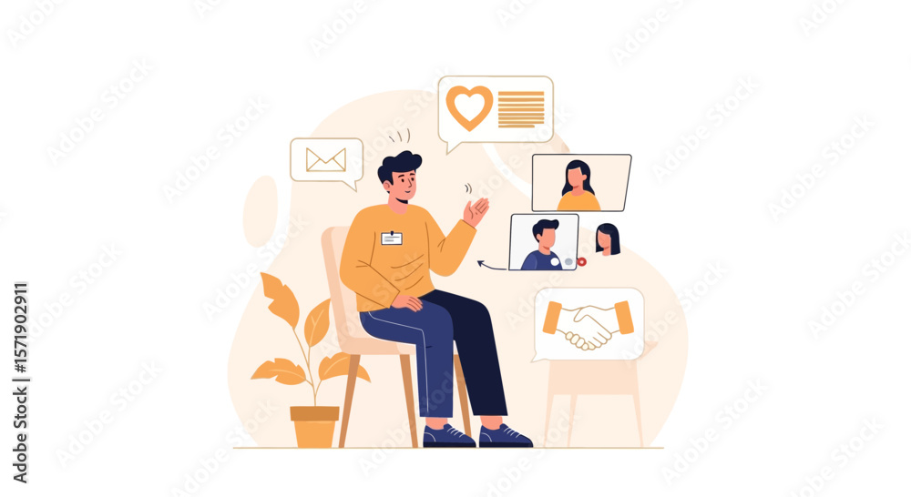 Man Attending Virtual Meeting Surrounded by Communication Icons and Plant Man Attending Virtual Meeting Surrounded by Communication Icons and Plant