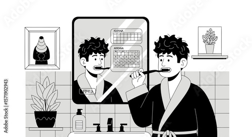 Man Brushing Teeth In Bathroom, Daily Routine, Mirror With Calendar, Black And White