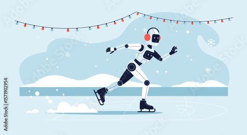 Robotic Holiday: Winter Fun With Android On Ice Rink Festive Illustration