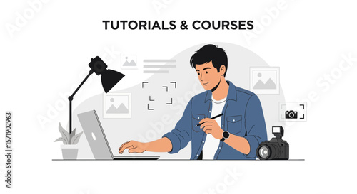 Online Photography Education Man With Laptop Learning Photo Editing Concepts