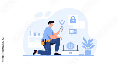 Technician Setting Up Smart Home Devices Via Smartphone Application Interface