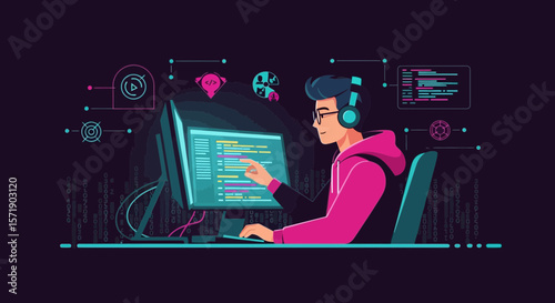 Man Coding Stylish Illustration For Software Development And Application Programming