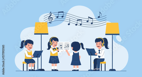 Young Students Engaging In A Musical Performance And Practicing Together On Stage