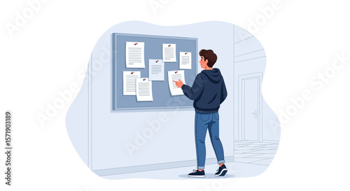 Teenager Reads The Messages On The Bulletin Board In The Hallway