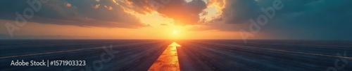A lone arrow points directly towards a vast, open plane stretching to the horizon under a dramatic sky Perfect for concepts of direction, journey, exploration, and vastness , path, freedom