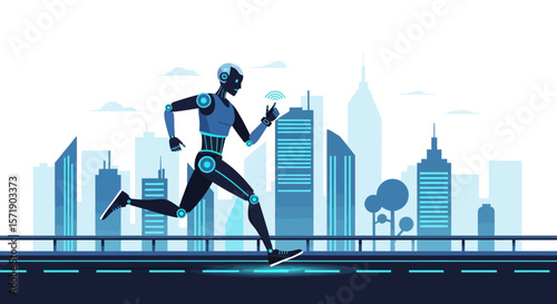 Running Robot: Futuristic Athlete in Urban Cityscape Vector Illustration
