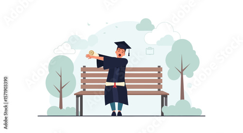 Tired Graduate Student Yawning After Graduation Ceremony Outdoor Achievement