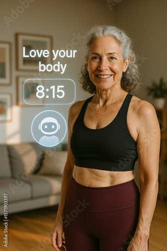 Elderly woman participates in virtual fitness session at home with positive body message and digital timer displayed