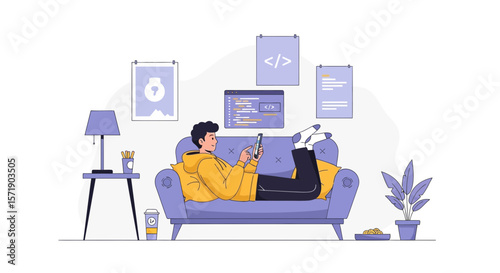 Man Enjoying Home Comforts While Browsing on His Phone Leisurely