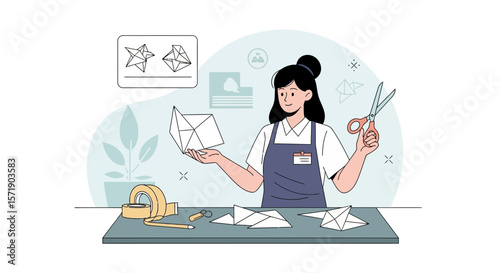 Young Woman Crafts Paper Stars, Perfect for Creative Hobby Projects And Art Classes