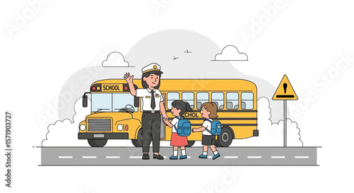 School Crossing Guard Helping Children Board Yellow Bus With Safety Illustration