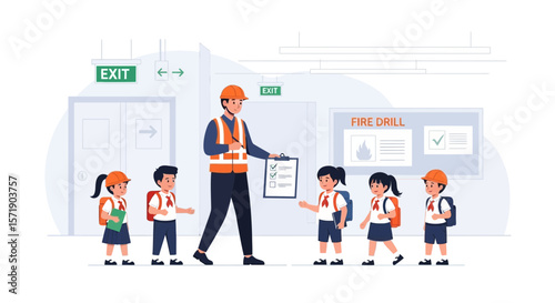 School Fire Drill Practice With Supervisor Helping Students Exit Building Safely
