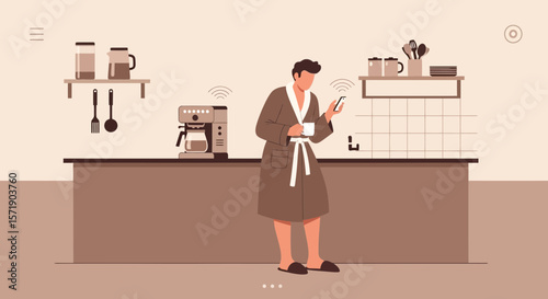 Man In Robe Using Smartphone In Kitchen With Coffee Maker Technology