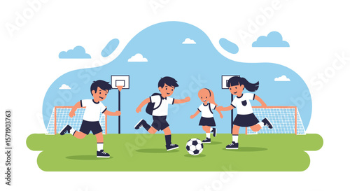 School Friends Playing Soccer And Basketball In The School Yard Illustration