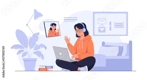 Young Woman Having A Video Call From Her Bedroom With A Tablet Device