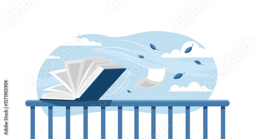 Open Book On The Balcony With Wind And Leaves Flying From The Pages