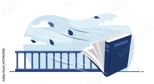Open Book Leaning On Balcony With Blowing Leaves Against Cloudy Sky Background