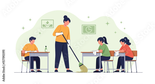 School Students Cleaning Classroom With Teacher As Voluntary Community Service