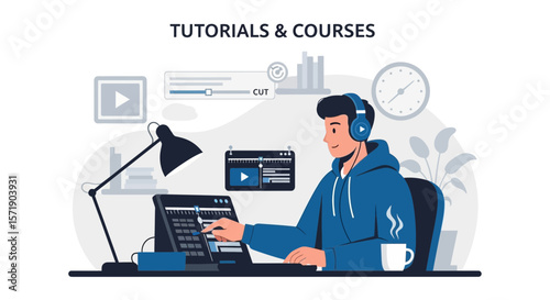 Man Learning Online Courses Video Editing And Audio Mixing With Tutorial Concept