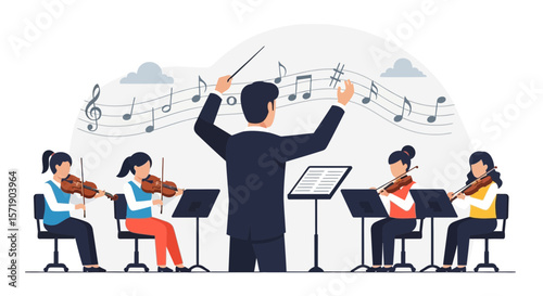 Orchestra Performance With Conductor And Violinists Playing Musical Instruments