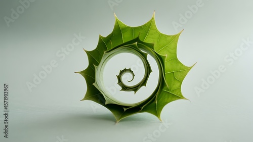 Green leaf unfurling in a fibonacci spiral pattern against a soft background