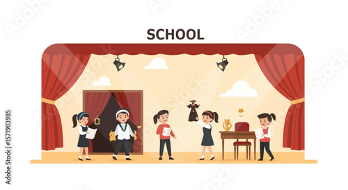 Schoolchildren Performing A Play On Stage With Props And Lighting System