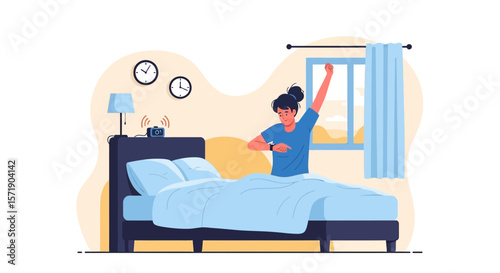 Young Woman Waking Up Stretches After Sleeping In Bed at Morning