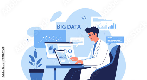 Scientist Analyzes Big Data on Laptop for Research and Development Project