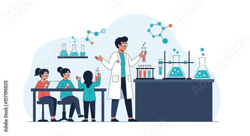 Scientist Conducting Chemical Experiment With Students In A Laboratory Classroom