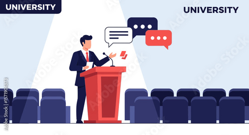 University Presentation With Podium Speech And Chat Bubbles For Learning Environment