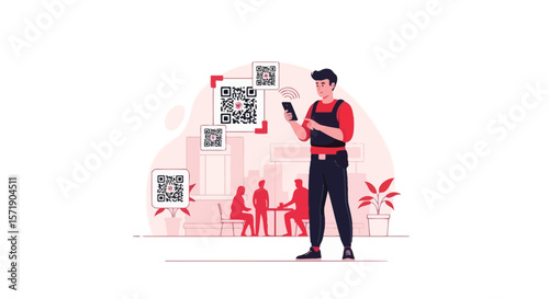 Man Scanning Qr Codes For Payment Or Discount At Restaurant Promotion