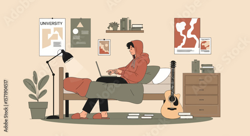 University Student Studying On Laptop At Home Cozy And Relaxed Atmosphere Education