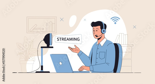 Man Streaming Online Content From Home Using A Webcam And A Laptop