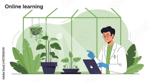 Scientist Studies Plants Online In Greenhouse For Ecological Research And Learning